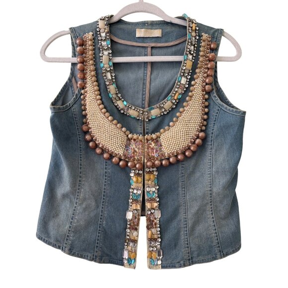 Vintage  Lynn Adler Hand Beaded Denim Vest With Rhinestones & Pearls - Picture 10 of 12